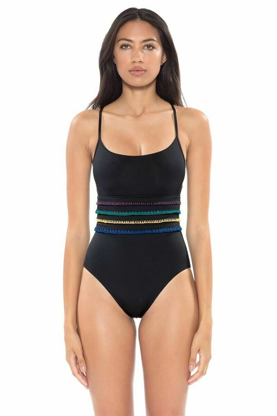 Soluna Swim Summer Soltice Embroidered Stripe Black One Piece Swimsuit Size S
